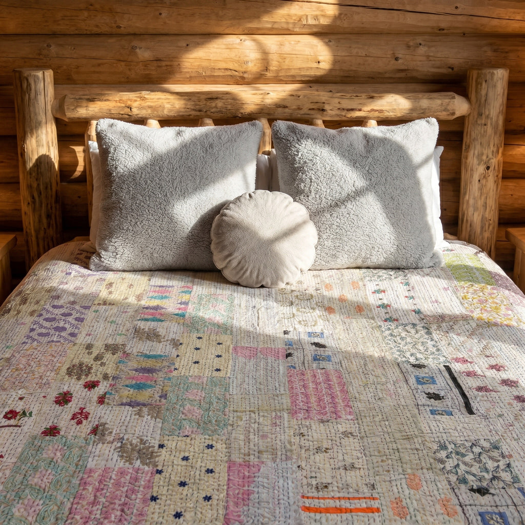 Fern Marigold Handmade Patola Kantha Bedspread