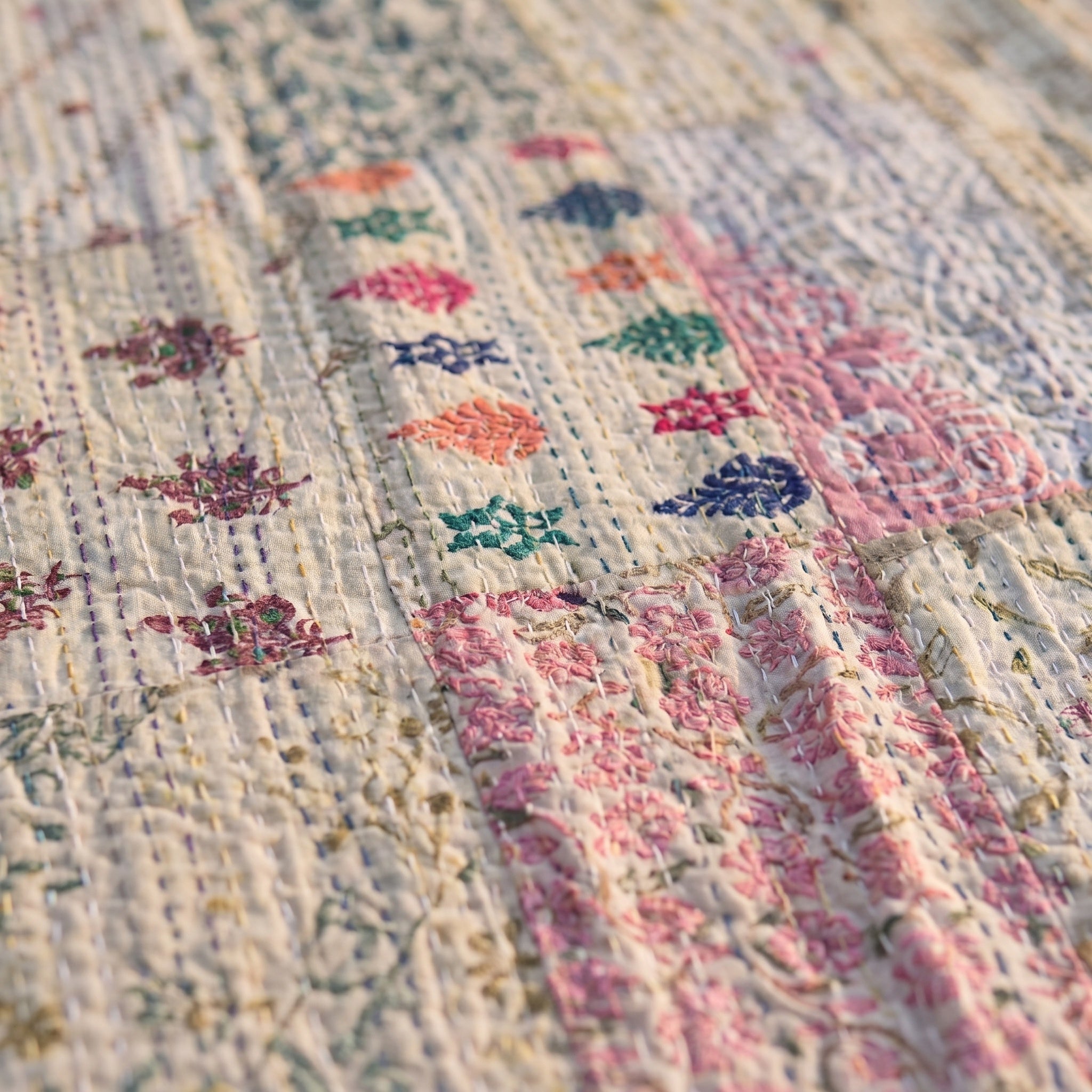 Fern Marigold Handmade Patola Kantha Bedspread