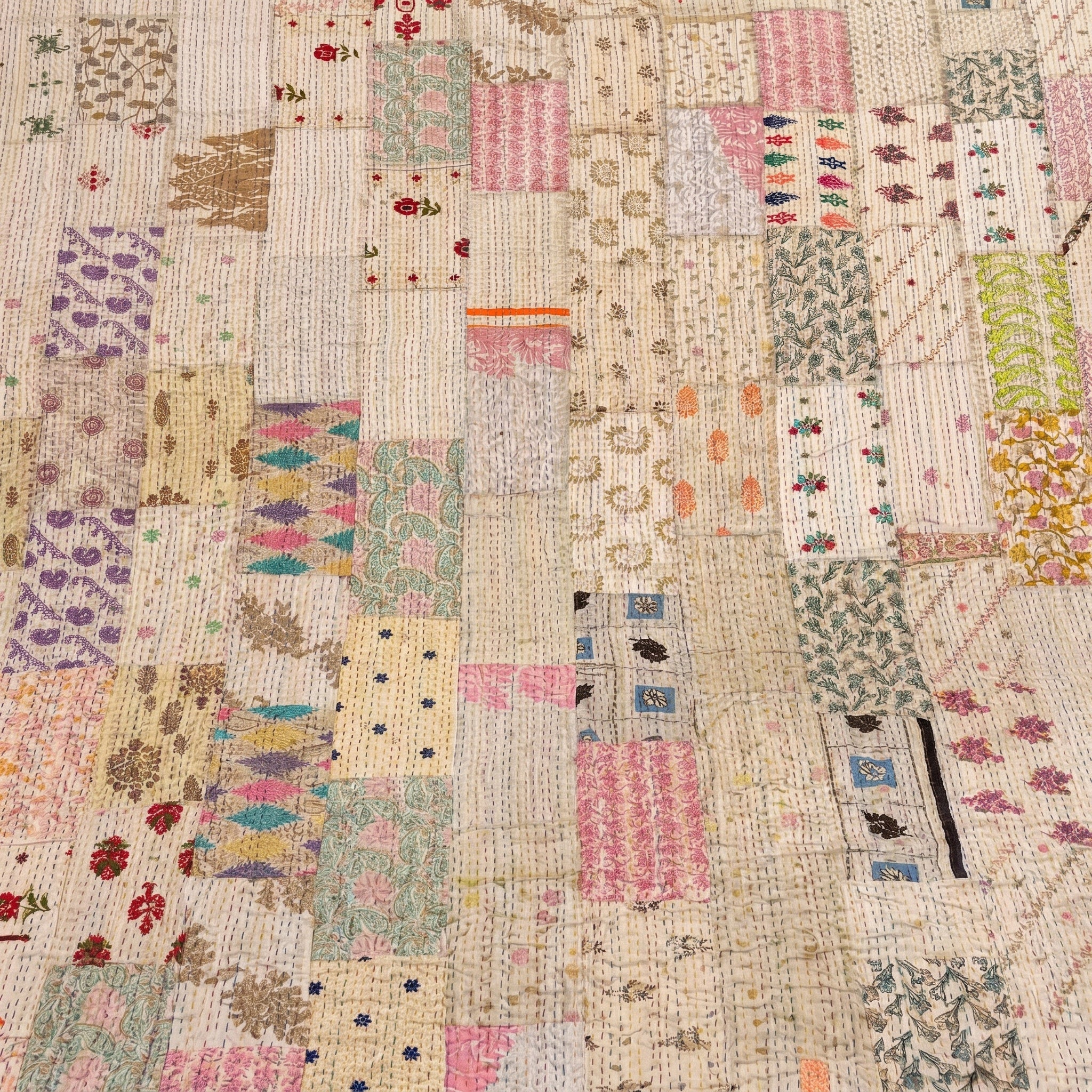 Fern Marigold Handmade Patola Kantha Bedspread