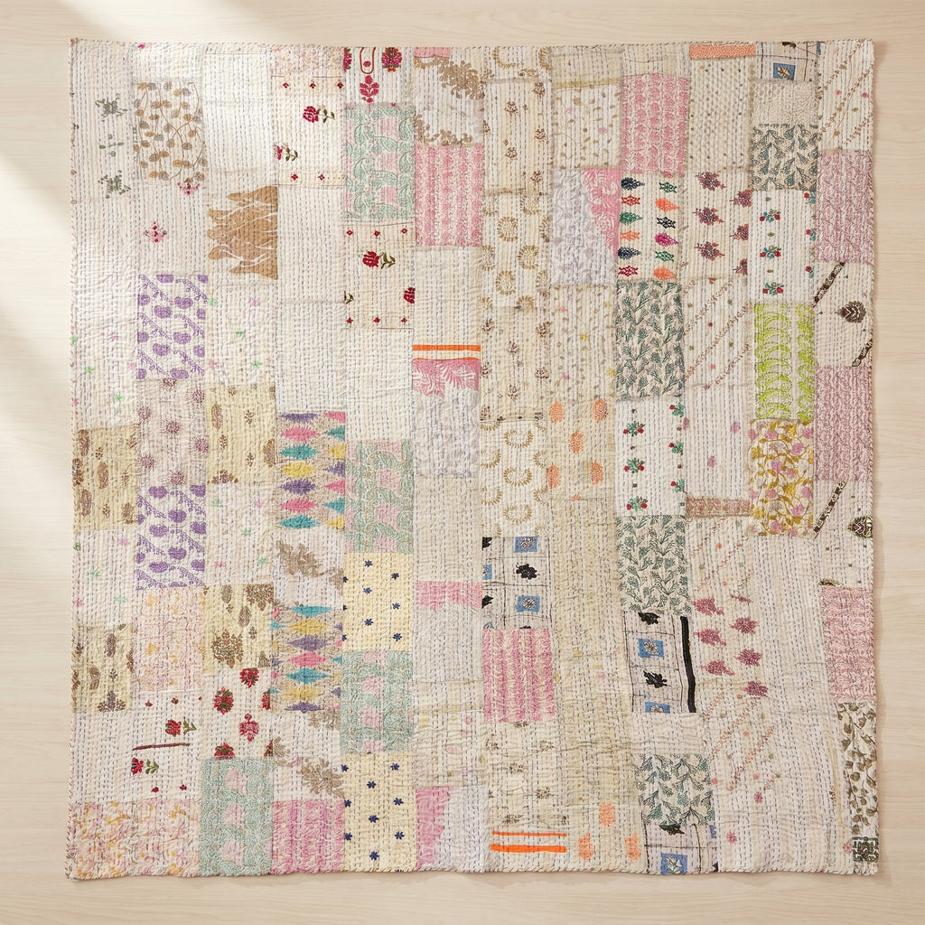 Fern Marigold Handmade Patola Kantha Bedspread