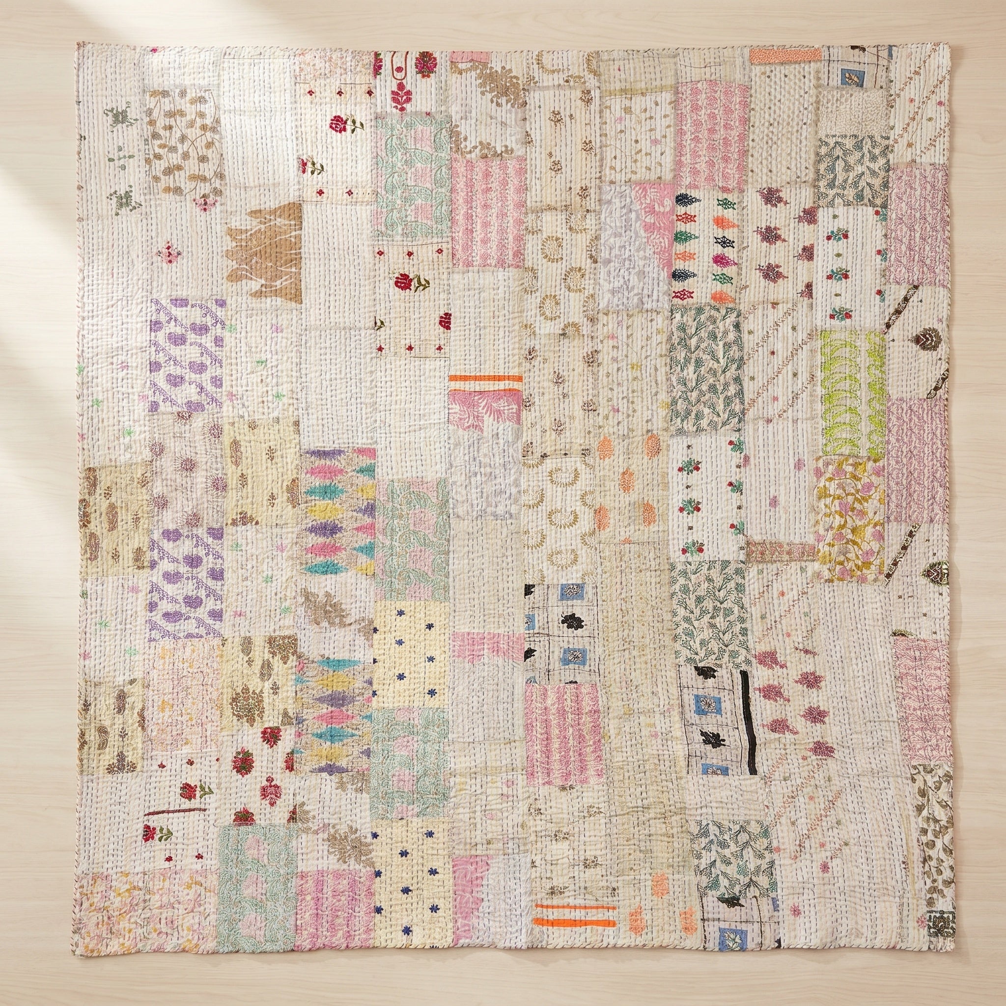 Fern Marigold Handmade Patola Kantha Bedspread