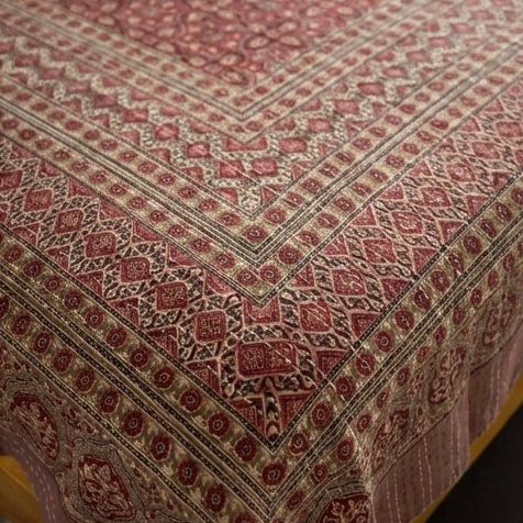 Golden Amber Handmade Kantha Ajrak Queen Bedspread