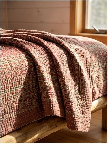 Golden Amber Handmade Kantha Ajrak Queen Bedspread