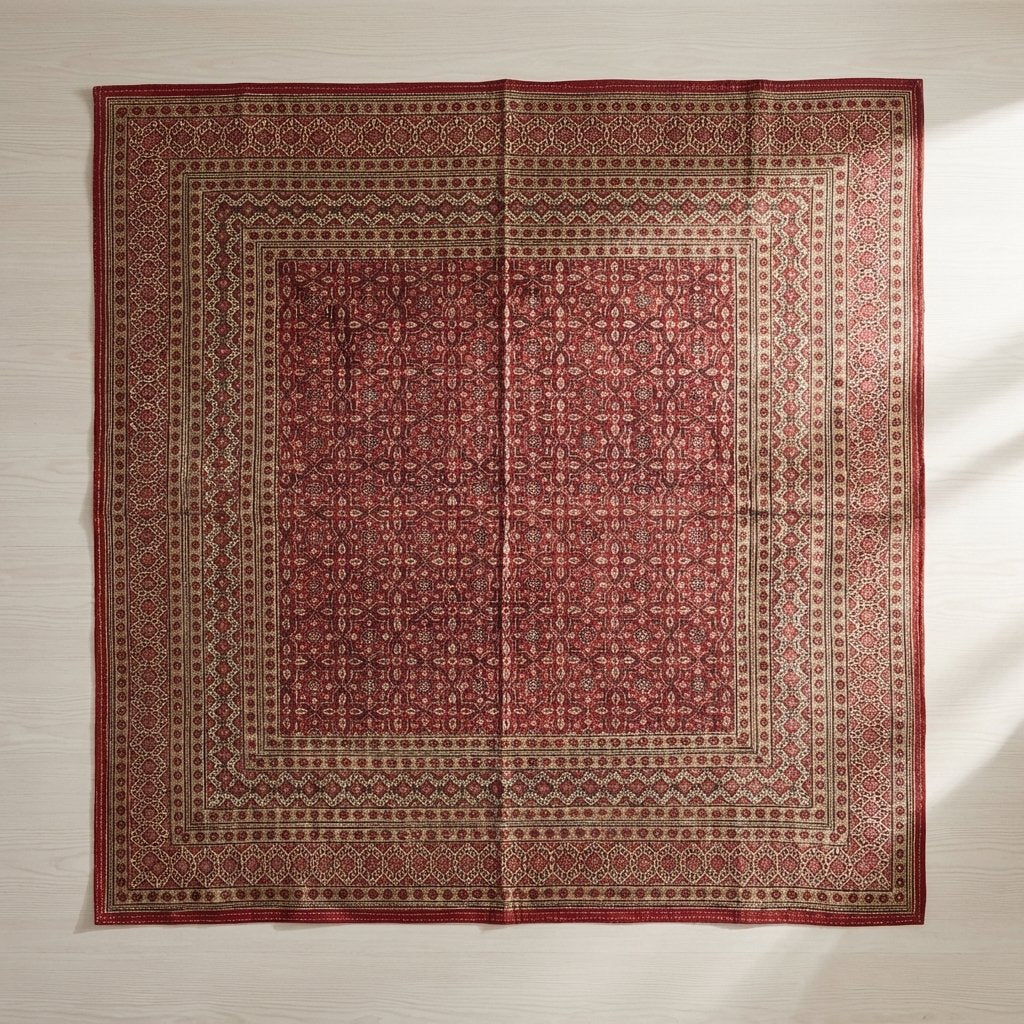 Golden Amber Handmade Kantha Ajrak Queen Bedspread