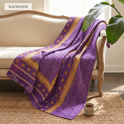 BACKSIDE — reverse side of Caravan Meadow Vintage Cotton Kantha Throw on a sofa