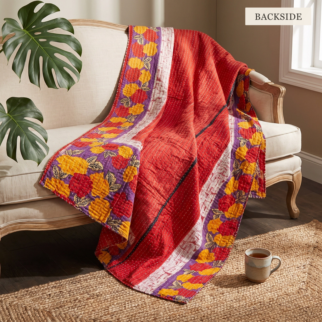 BACKSIDE — reverse side of Caravan Story Vintage Cotton Kantha Throw on a sofa