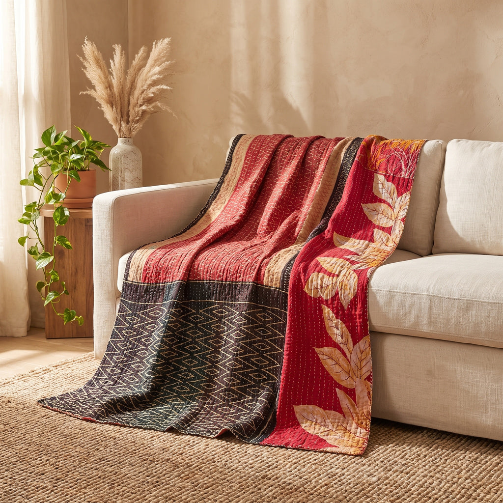 Terracotta Dream Vintage Cotton Kantha Throw