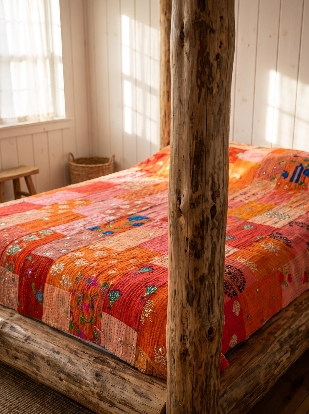 Amber Bloom Handmade Patola Kantha Bedspread