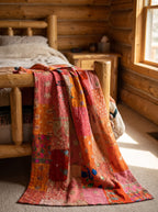 Amber Bloom Handmade Patola Kantha Bedspread