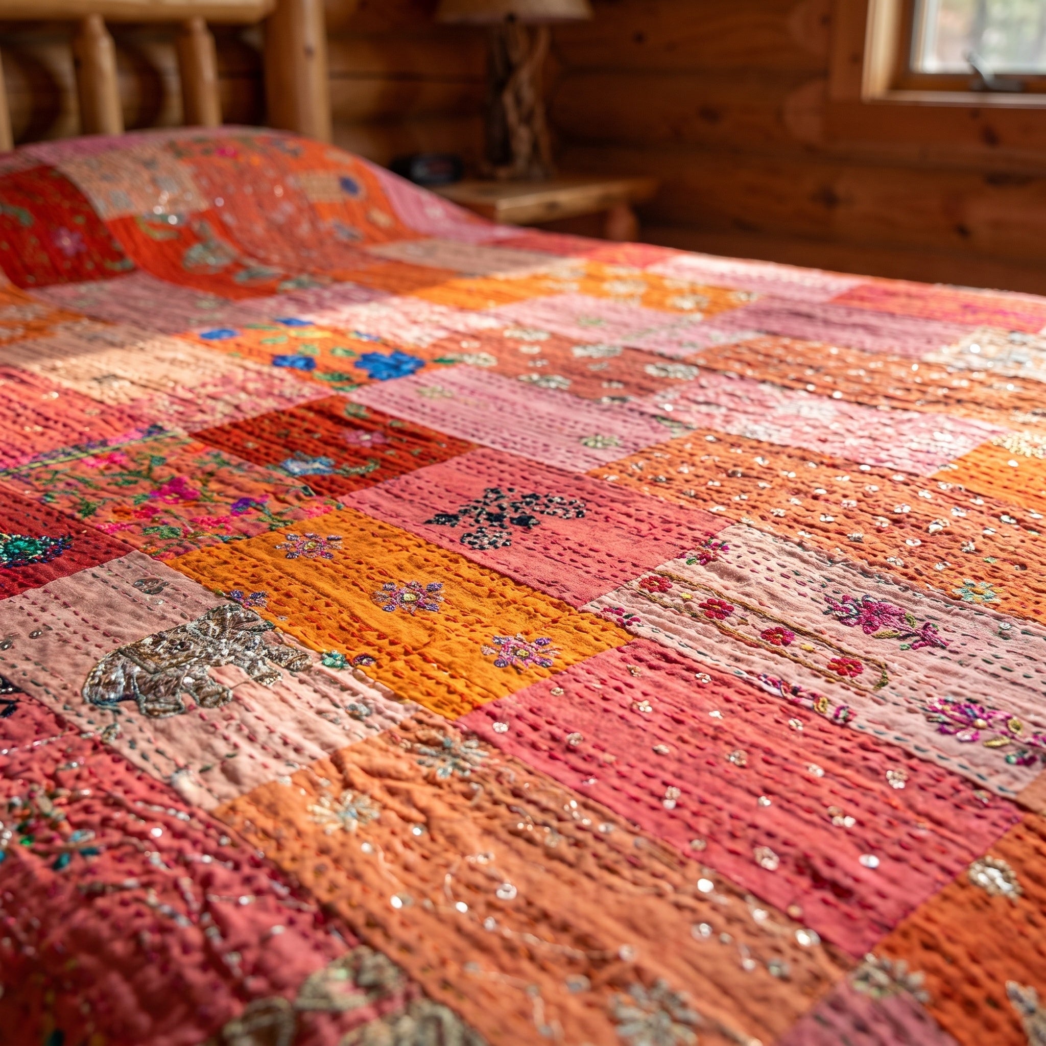 Amber Bloom Handmade Patola Kantha Bedspread