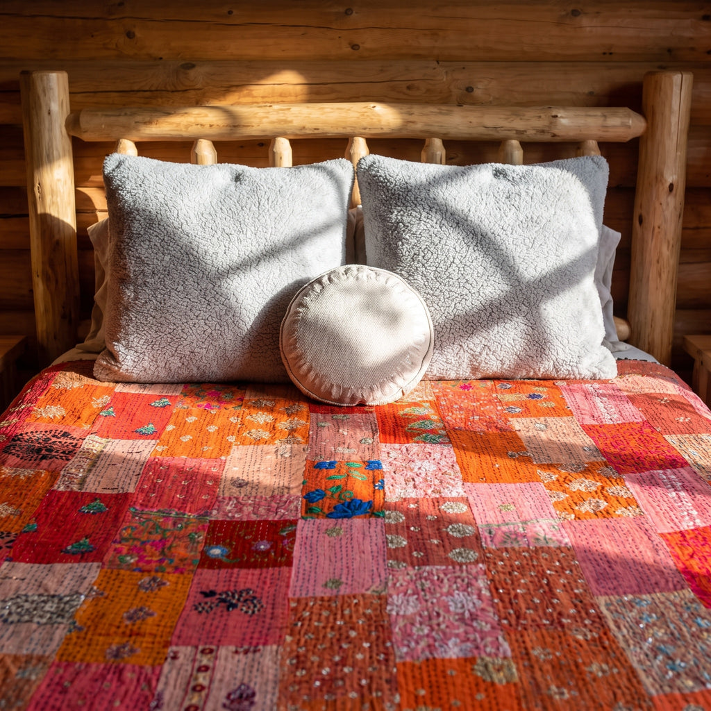 Amber Bloom Handmade Patola Kantha Bedspread