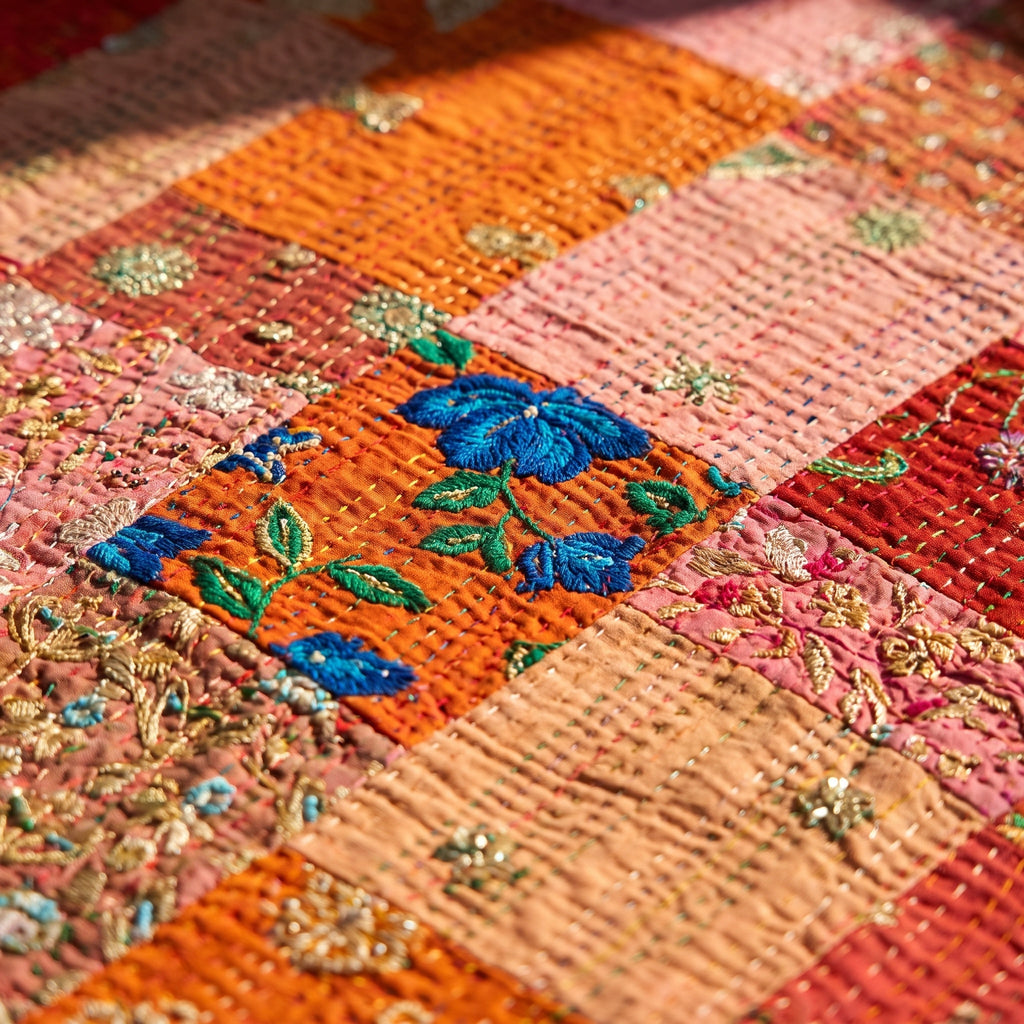 Amber Bloom Handmade Patola Kantha Bedspread