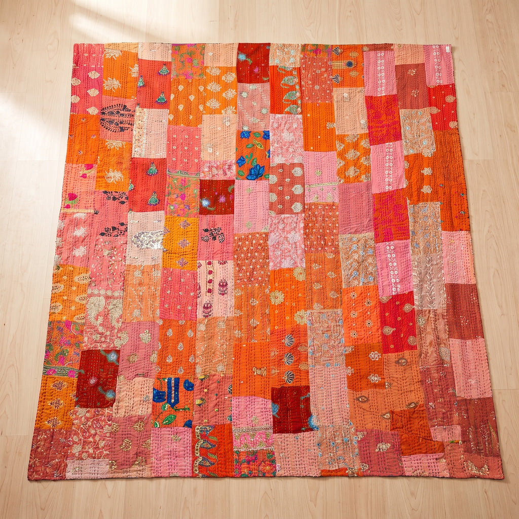 Amber Bloom Handmade Patola Kantha Bedspread
