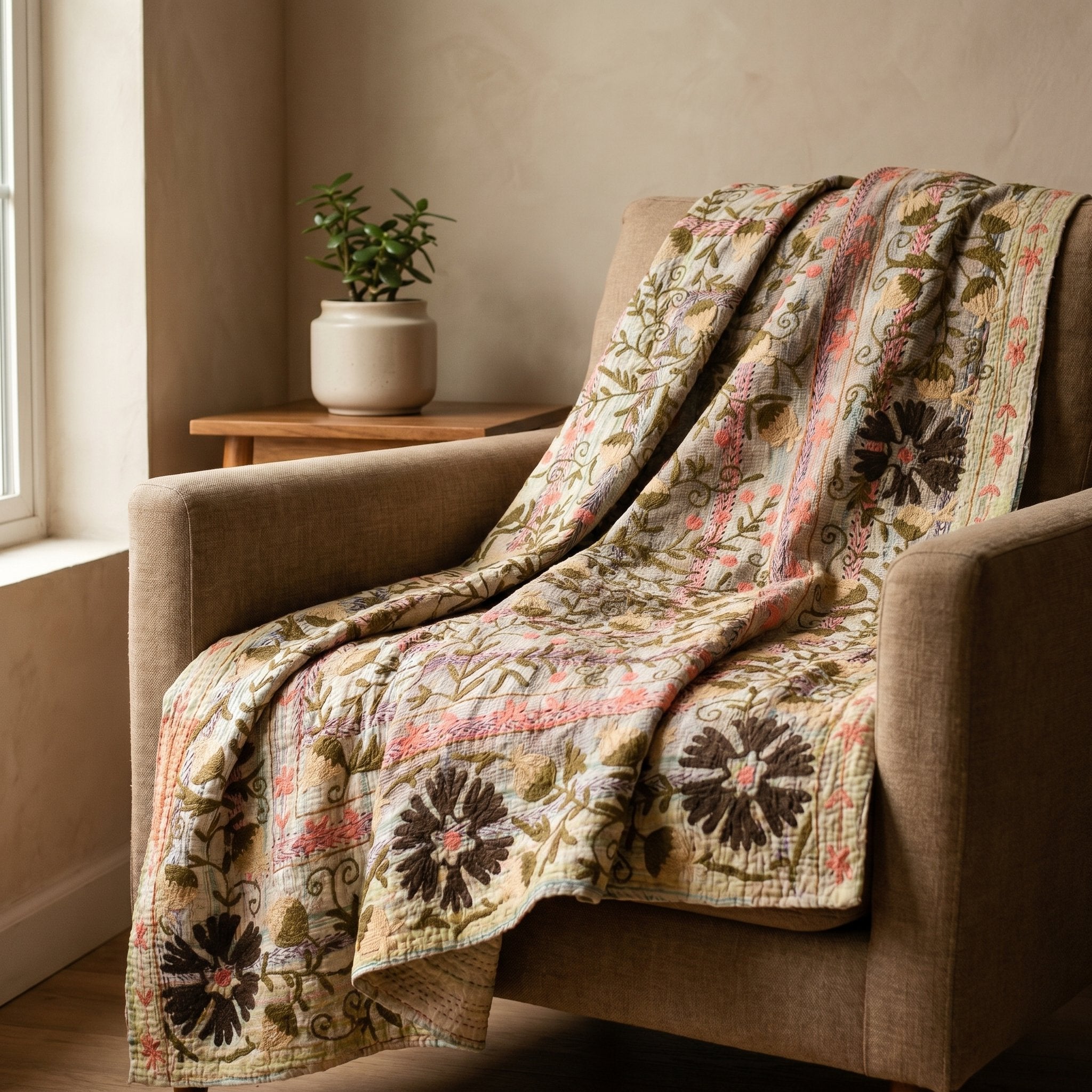 Jade Maple Luxury Vintage Suzani Kantha Throw
