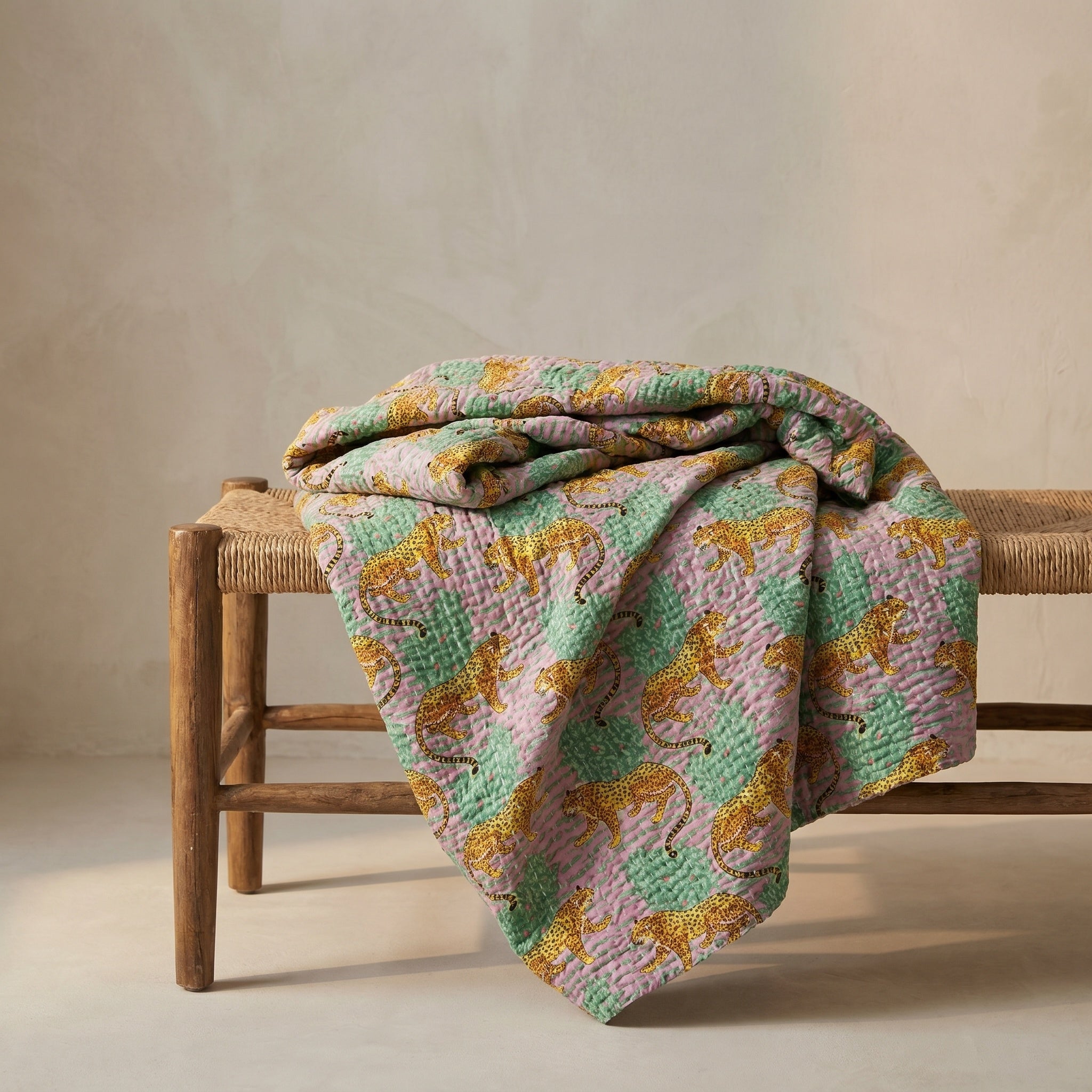 Verdant Fern Cotton Reversible Kantha Throw