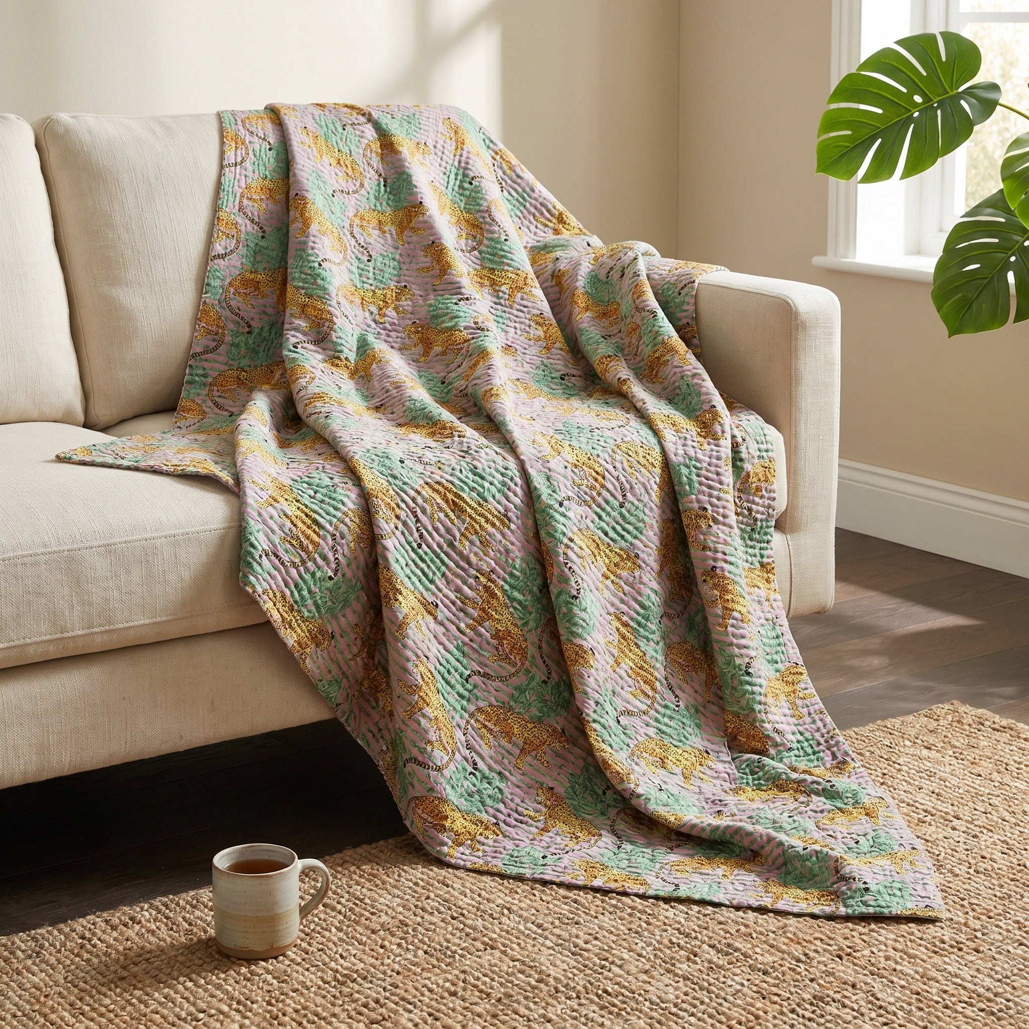 Verdant Fern Cotton Reversible Kantha Throw