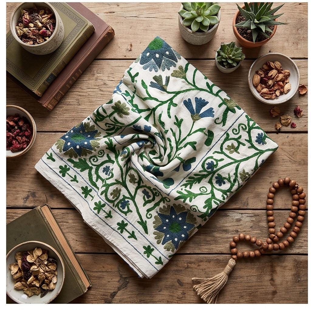 Rustling Reed Hand-Embroidered Cotton Suzani Throw