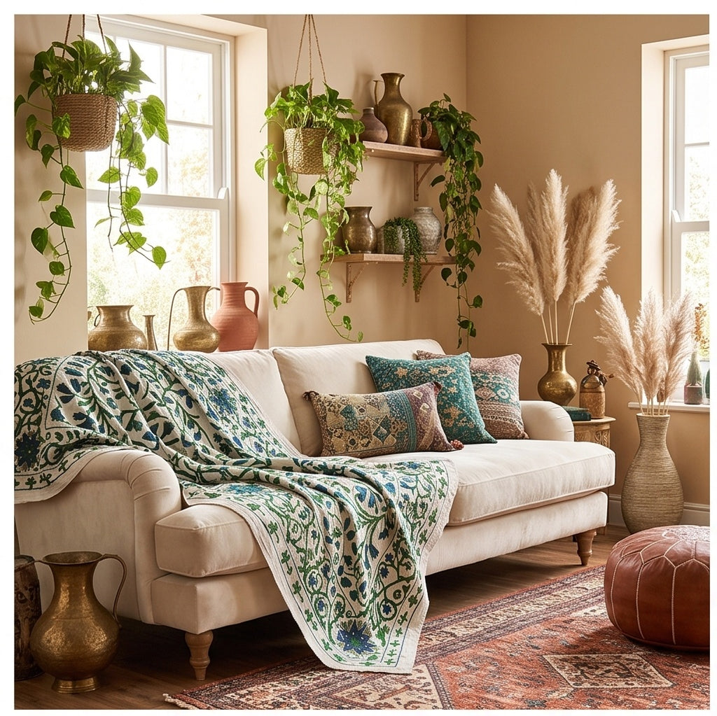Rustling Reed Hand-Embroidered Cotton Suzani Throw