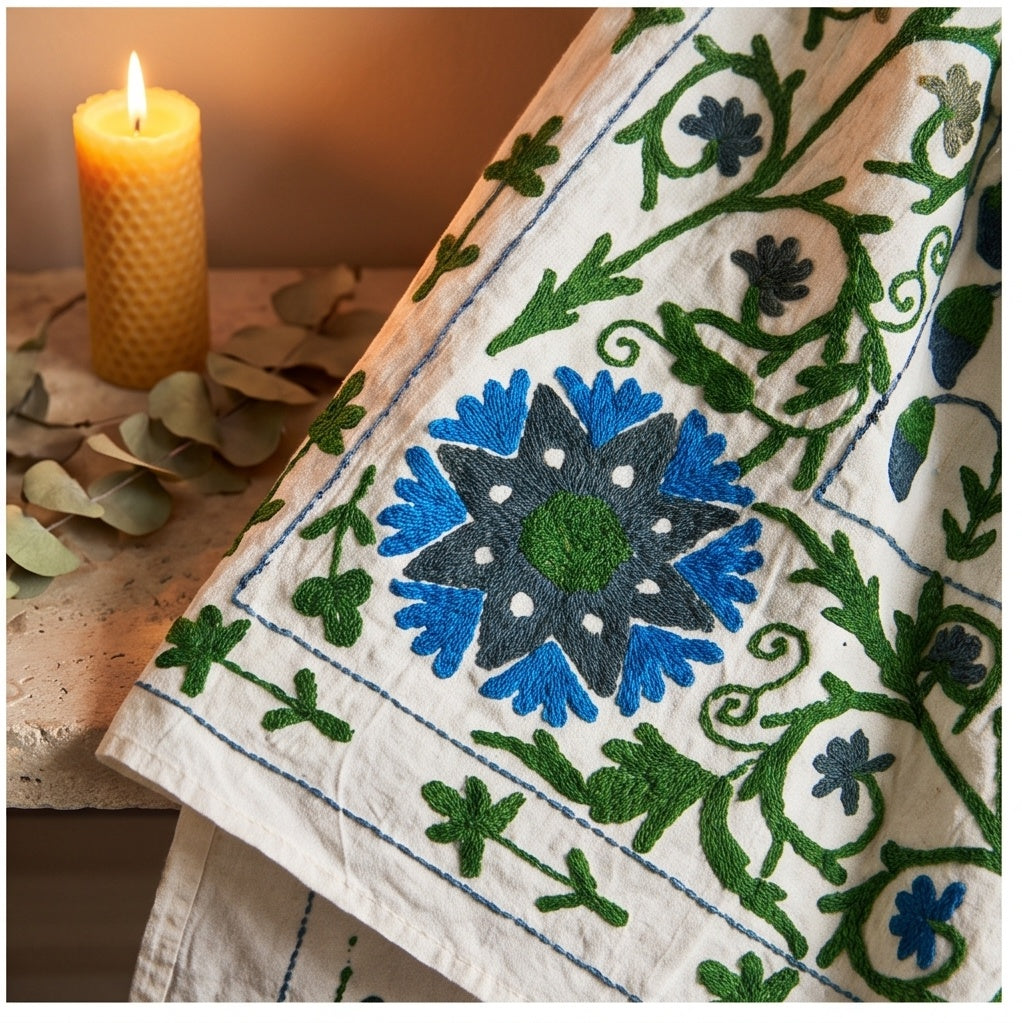 Rustling Reed Hand-Embroidered Cotton Suzani Throw