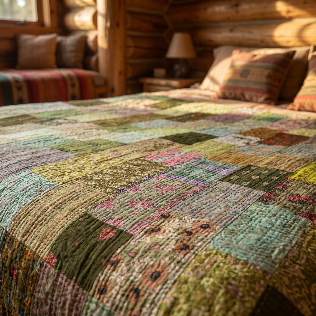 Saffron Glow Handmade Patola King Kantha Bedspread
