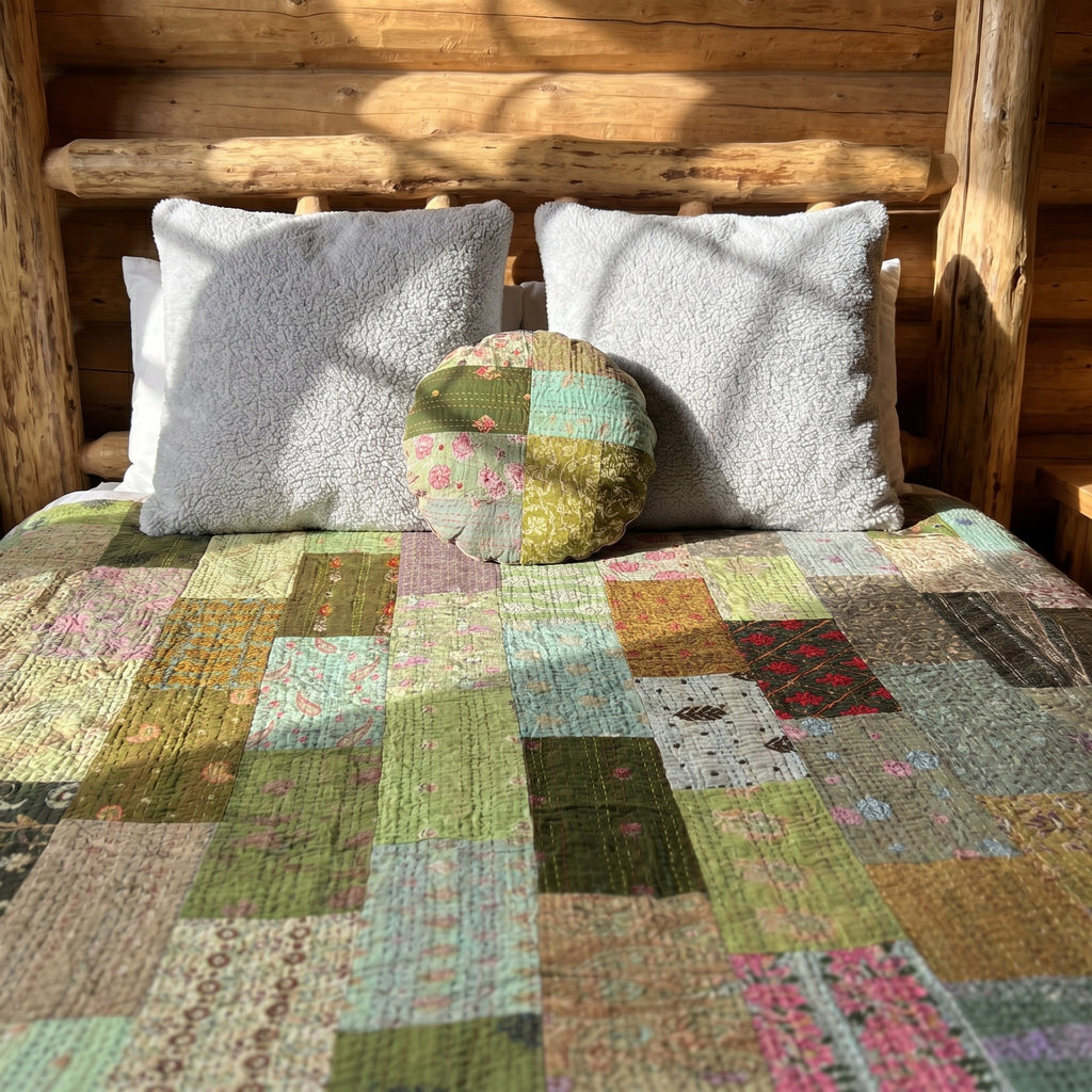 Saffron Glow Handmade Patola King Kantha Bedspread