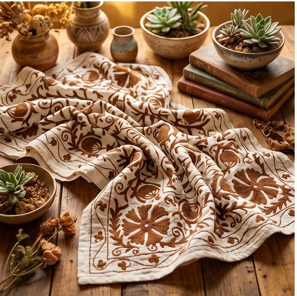 Trailing Thorn Hand-Embroidered Cotton Suzani Throw