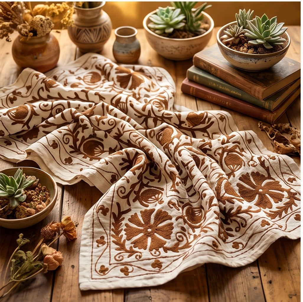 Trailing Thorn Hand-Embroidered Cotton Suzani Throw