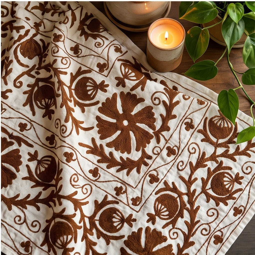 Trailing Thorn Hand-Embroidered Cotton Suzani Throw