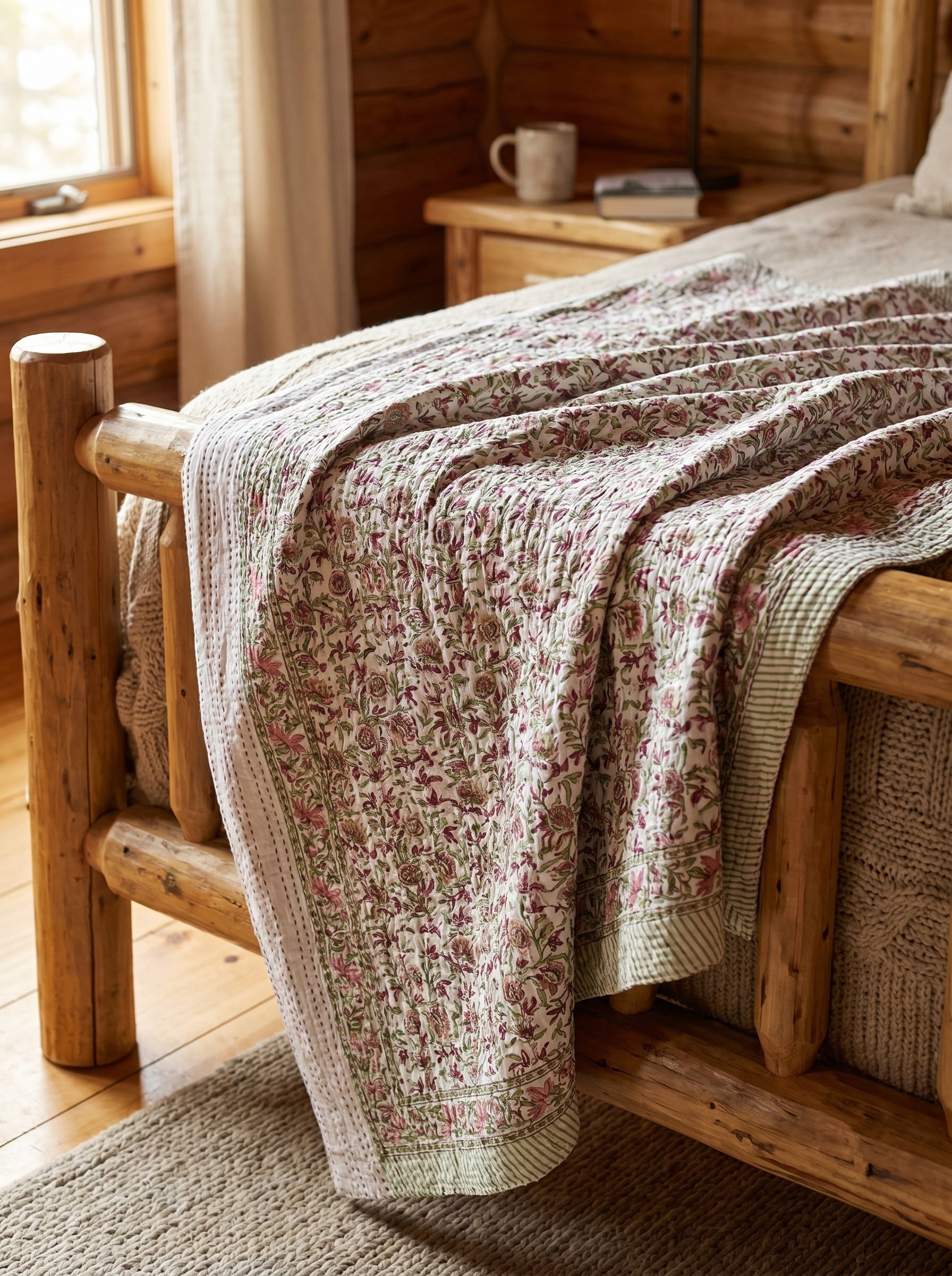 Azure Lotus Handmade Kantha Queen Bedsheet