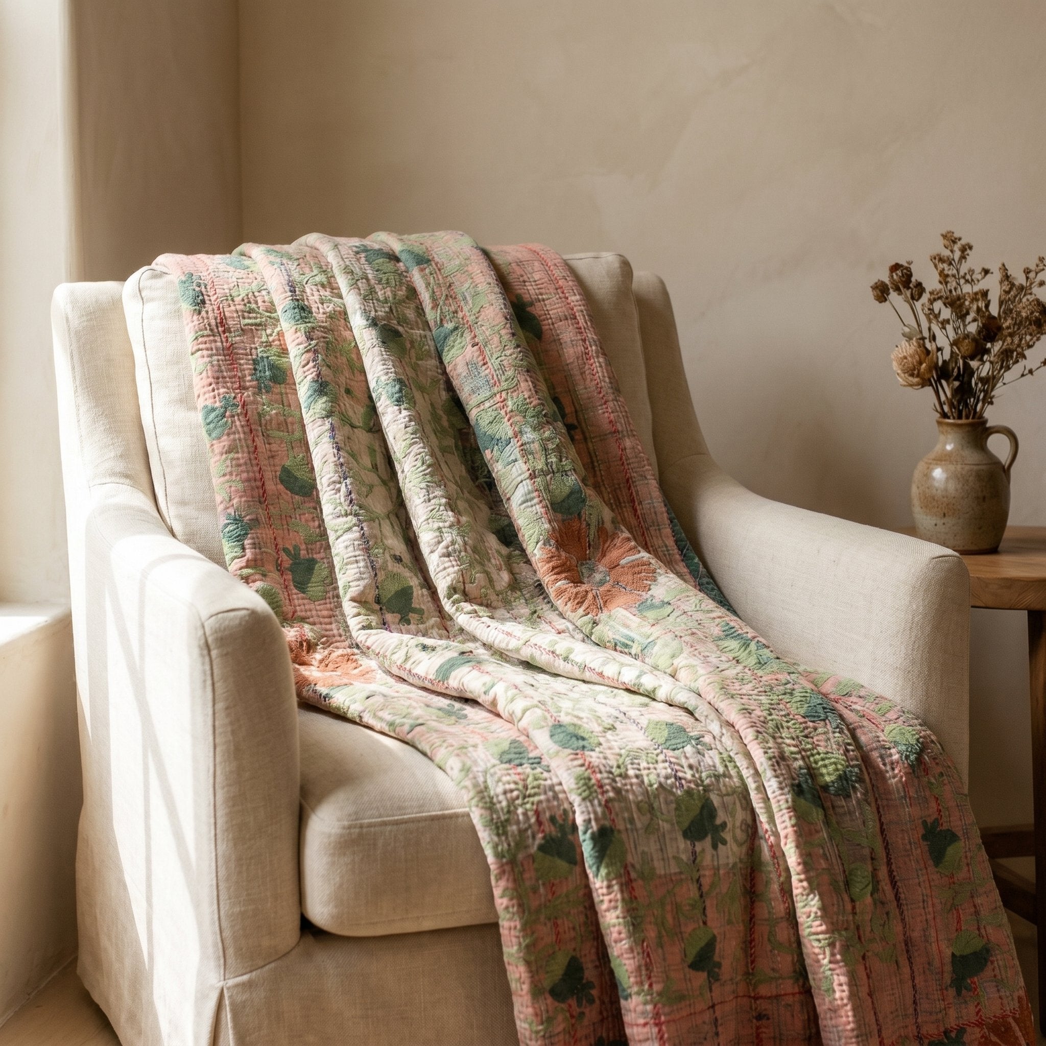 Soft Mist Luxury Vintage Suzani Kantha Throw