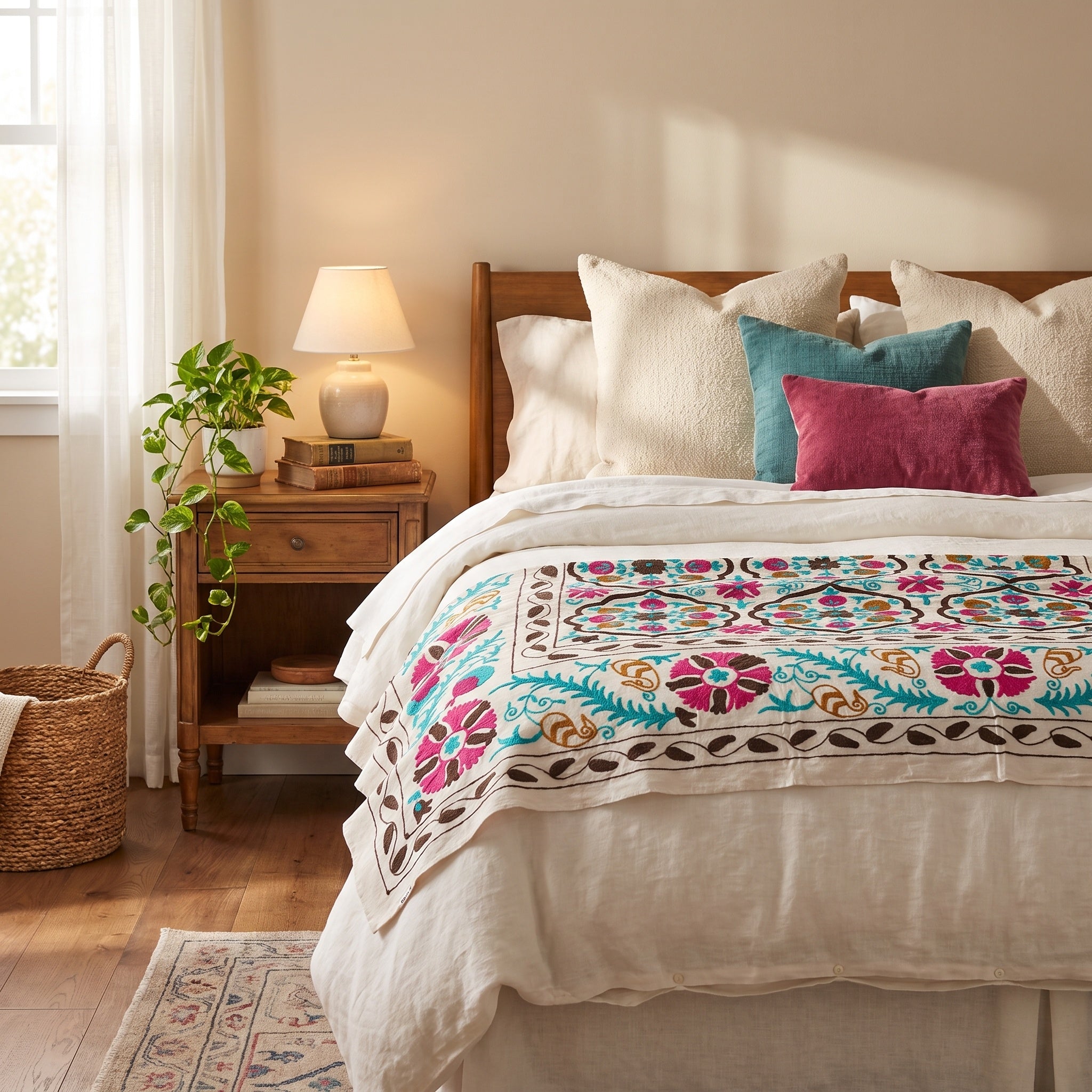 Bending Bough Hand-Embroidered Cotton Suzani Throw