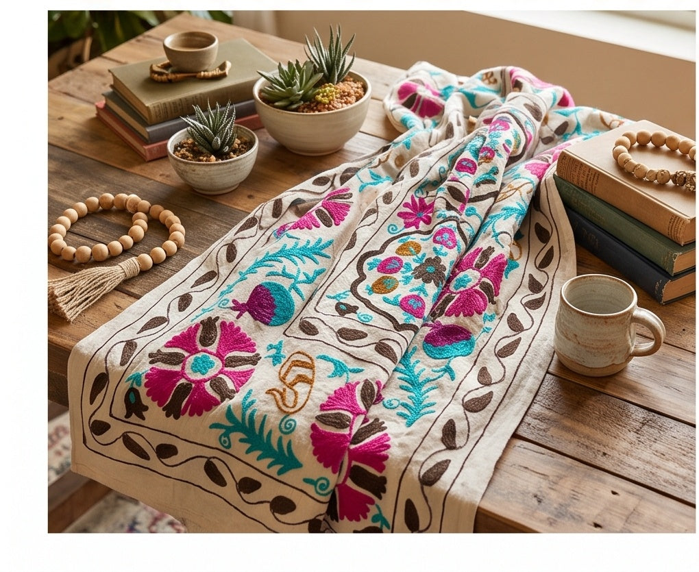 Bending Bough Hand-Embroidered Cotton Suzani Throw