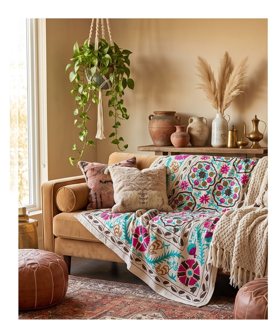 Bending Bough Hand-Embroidered Cotton Suzani Throw
