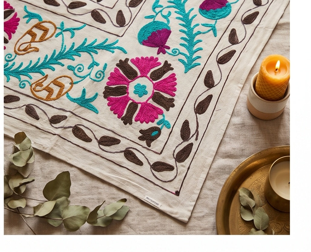 Bending Bough Hand-Embroidered Cotton Suzani Throw