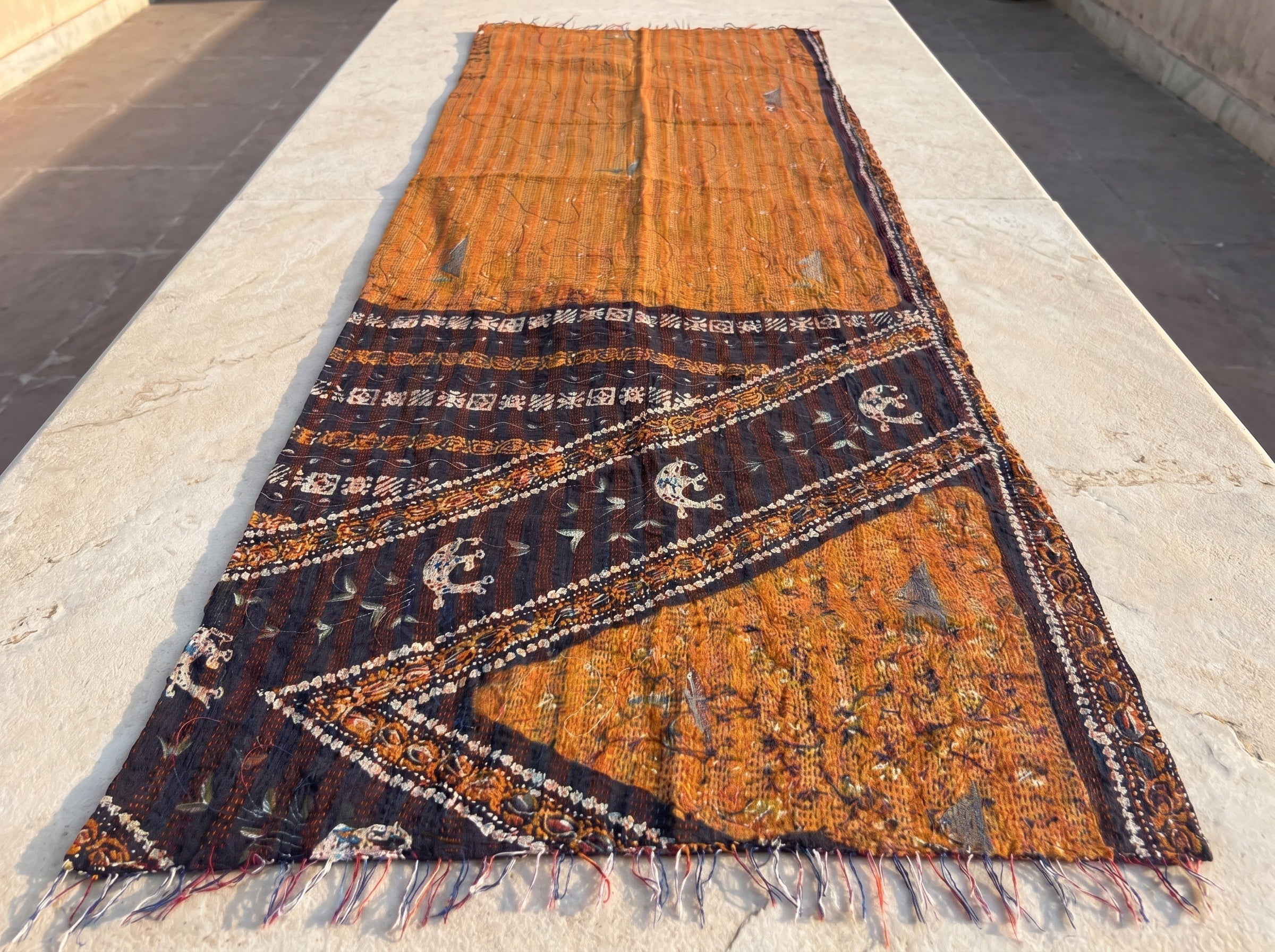 Whispering Mist Vintage Handmade Kantha Silk Runner