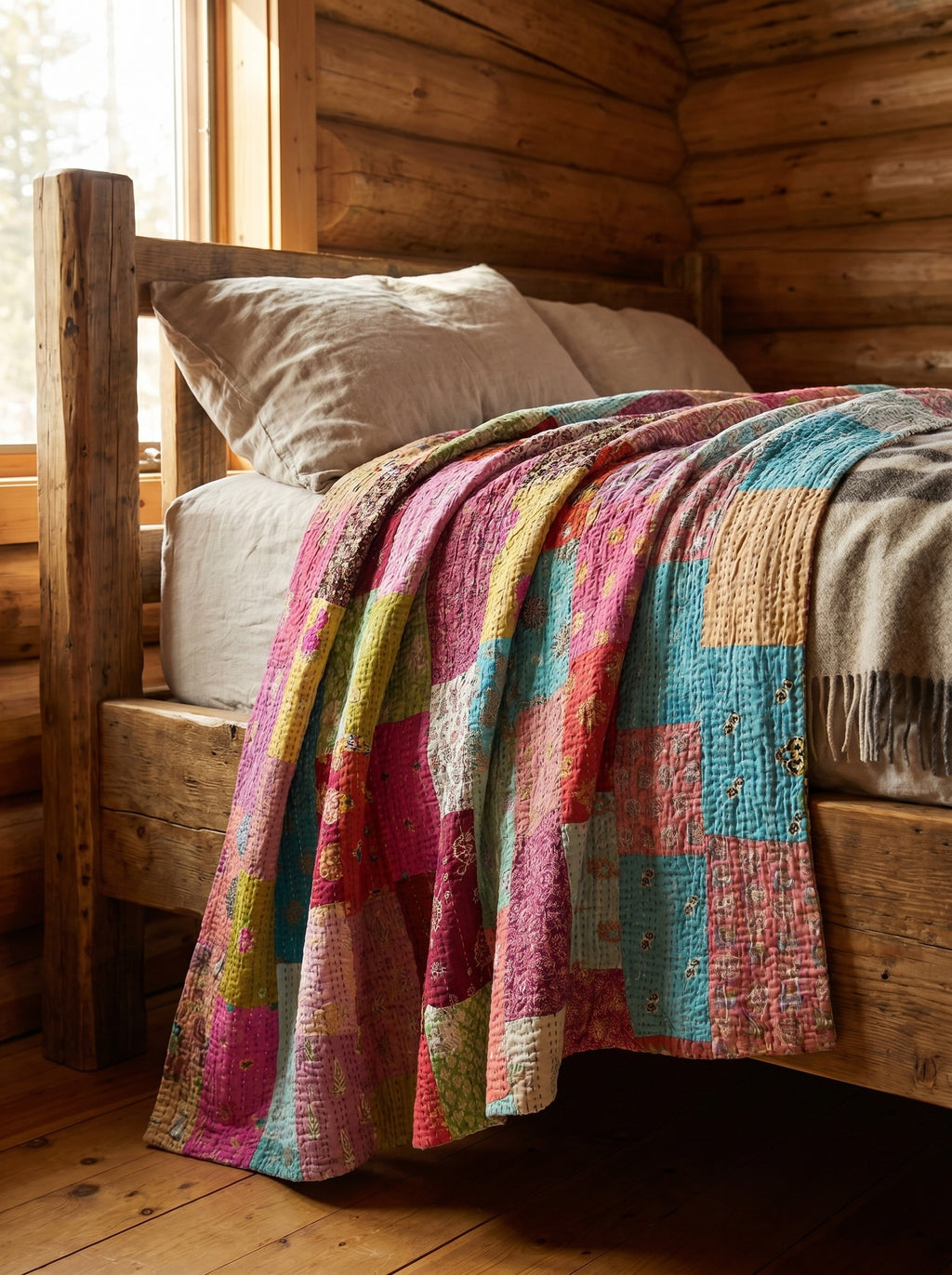 Aura Indigo Multicoloured patchwork Kantha Bedspread