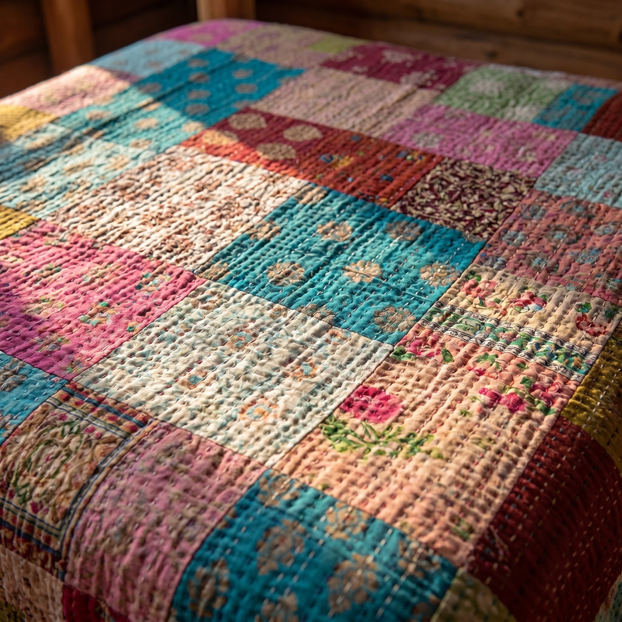 Aura Indigo Multicoloured patchwork Kantha Bedspread
