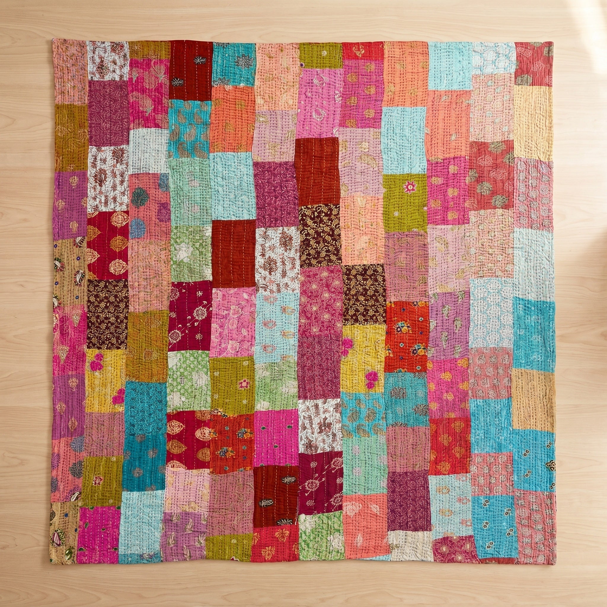 Aura Indigo Multicoloured patchwork Kantha Bedspread