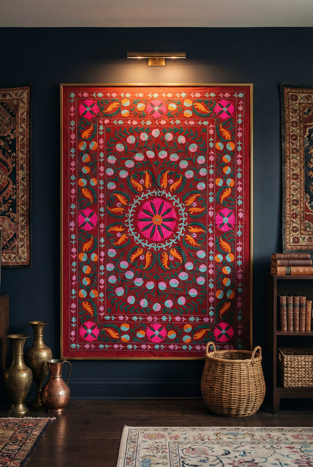 Indigo Petal Hand-Embroidered Cotton Suzani Throw