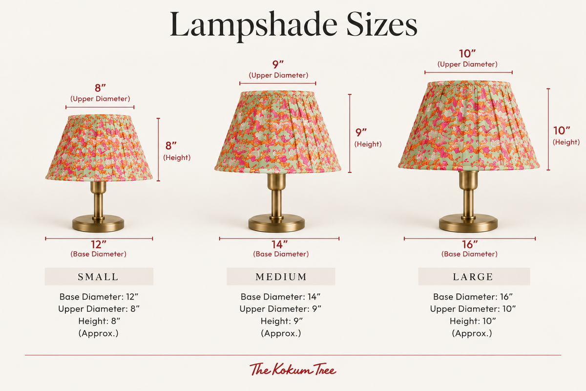 Printed empire lampshade size guide showing Small, Medium and Large dimensions