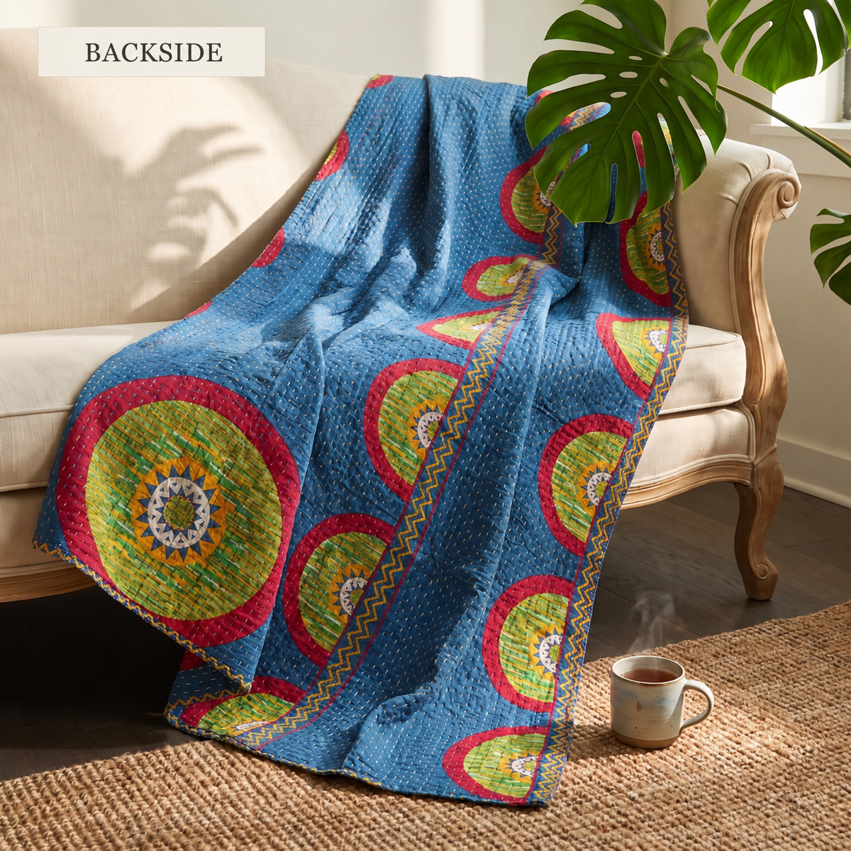 BACKSIDE — reverse side of Loom Passage Vintage Cotton Kantha Throw on a sofa