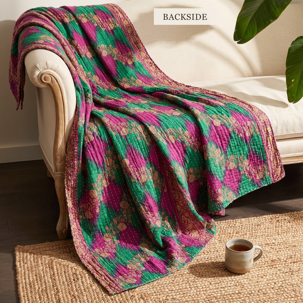 BACKSIDE — reverse side of Meadow Journey Vintage Cotton Kantha Throw on a sofa