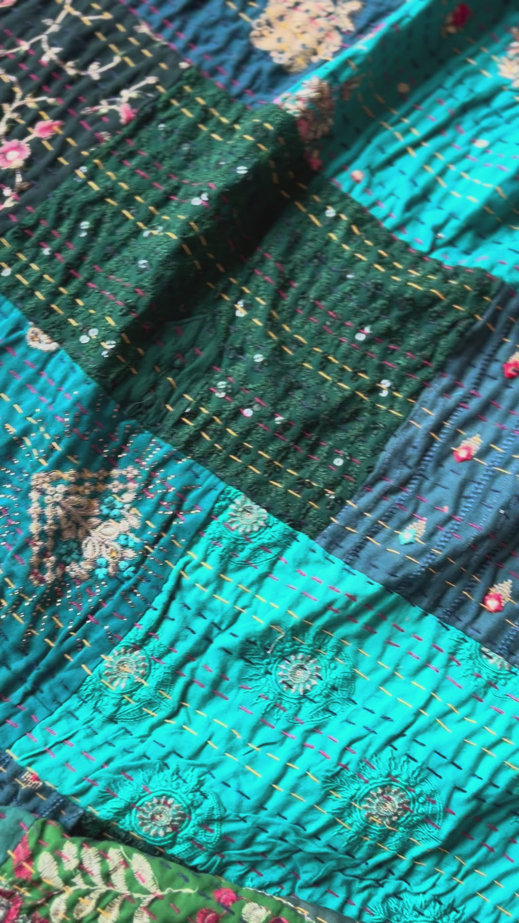 Couvre-lit de luxe Kantha Patola Lagoon Bleu