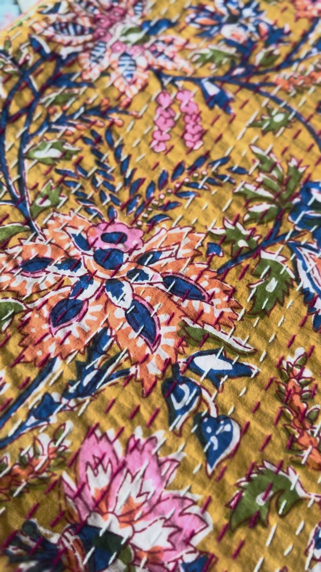 Fern Marigold Handmade Kantha Queen Bedspread