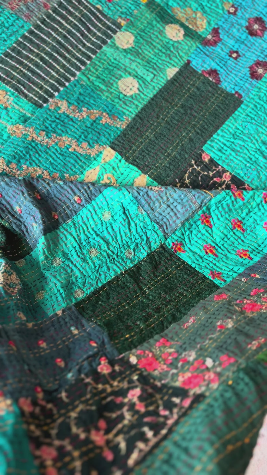 Couvre-lit de luxe Kantha Patola Lagoon Bleu