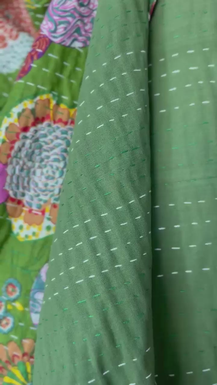 Grasslands Reverie Cotton Hand-Made Kantha Throw Blanket