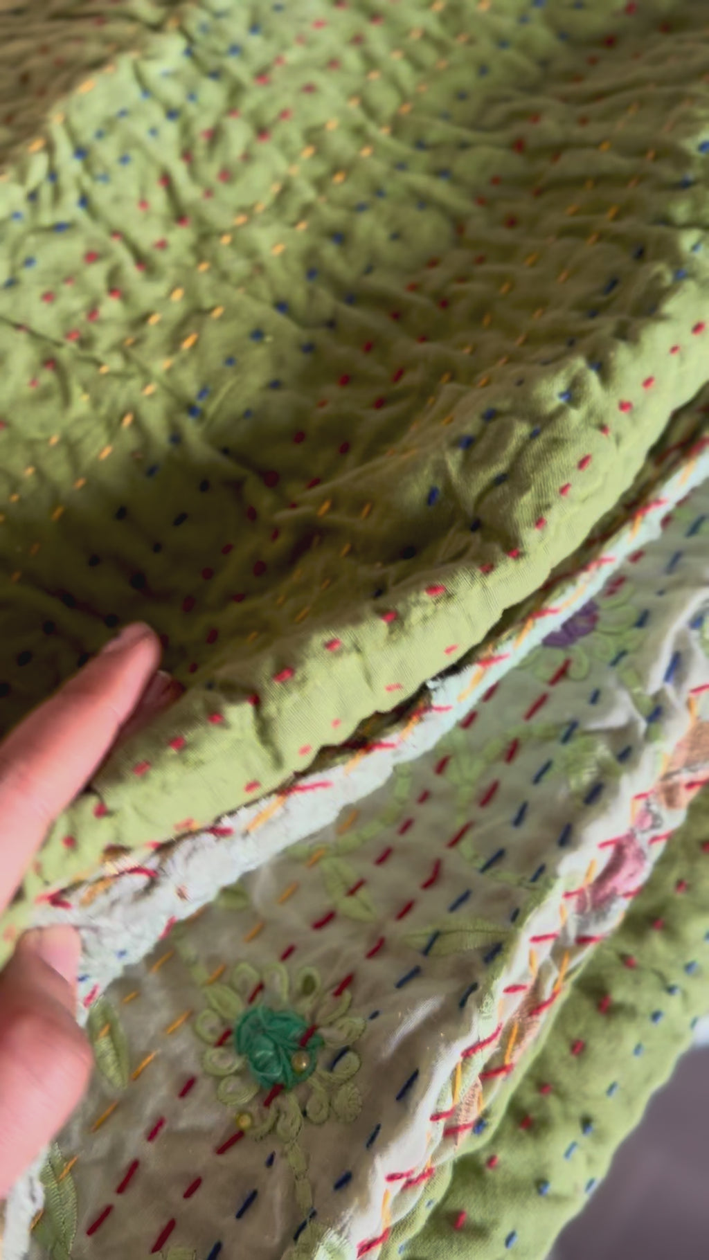 Pistachio patchwork Kantha KING sized Bedspread