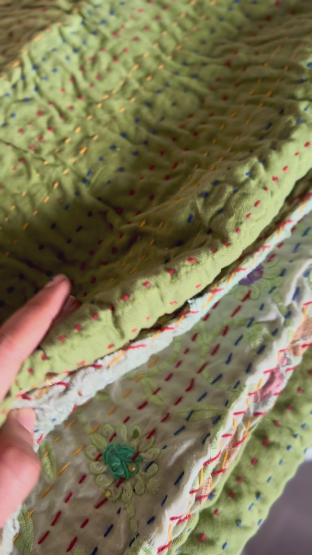 Pistachio patchwork Kantha KING sized Bedspread
