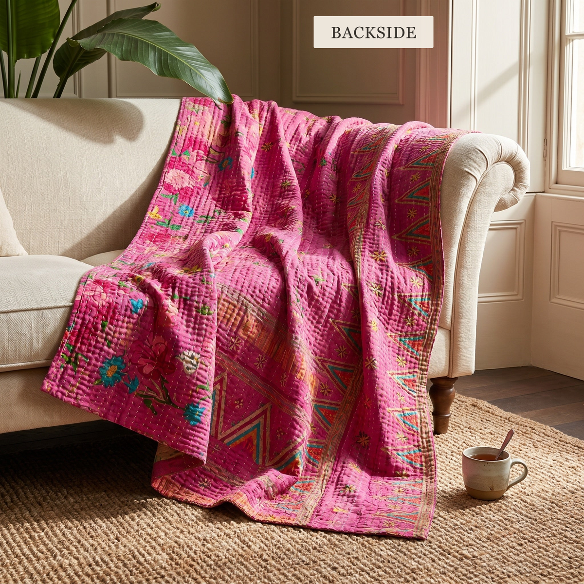 BACKSIDE — reverse side of Quiet Nomad Vintage Cotton Kantha Throw on a sofa