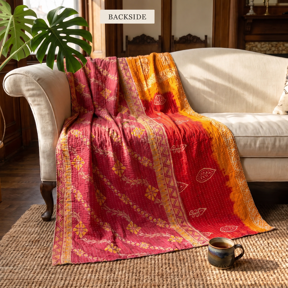 BACKSIDE — reverse side of Quiet Passage Vintage Cotton Kantha Throw on a sofa